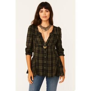 FREE PEOPLE Whistle While You Work Swing Tunic Green Blue Plaid Top Hi-low Small